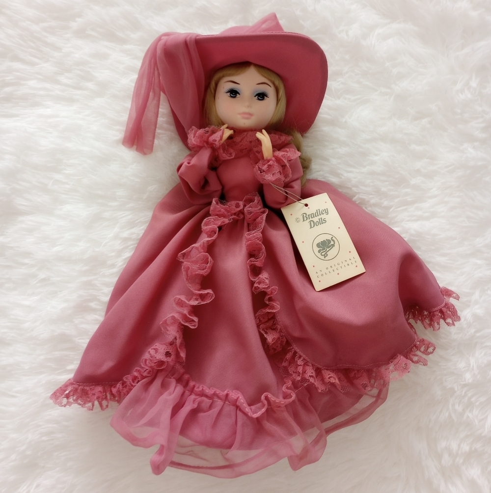 Vintage Bradley Doll In Maroon Burgundy Dress with Hat by Bradley Dolls